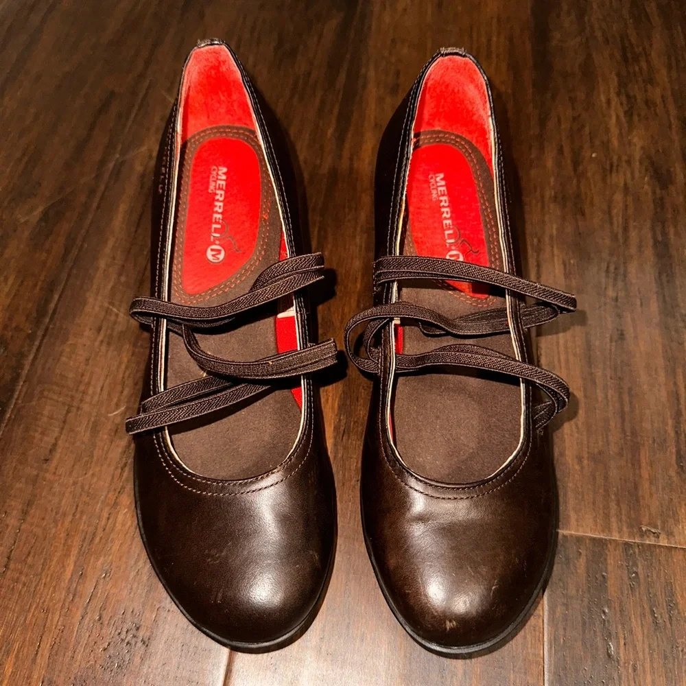 Merrell Evera Cross Mary Jane Brown Leather Comfort Heel Dark Academia Size 7